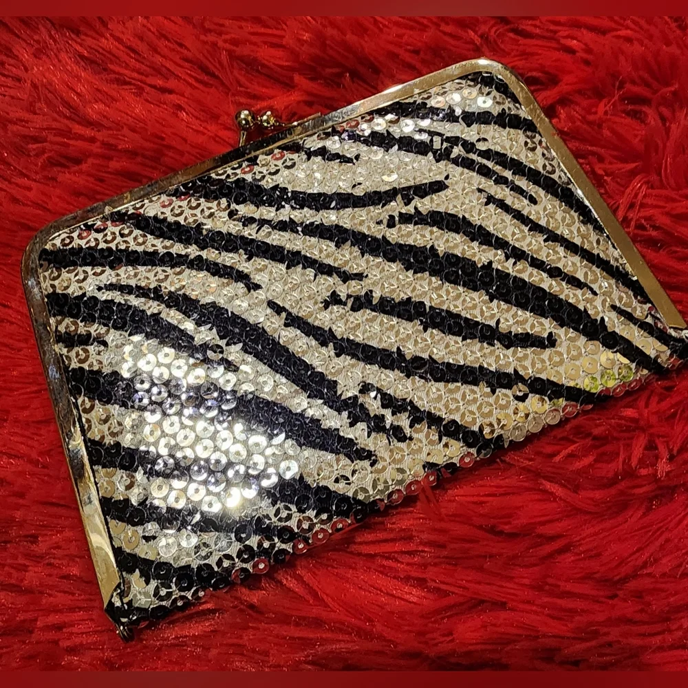 Black and Silver Zebra Print Sequined Wallet Clutch